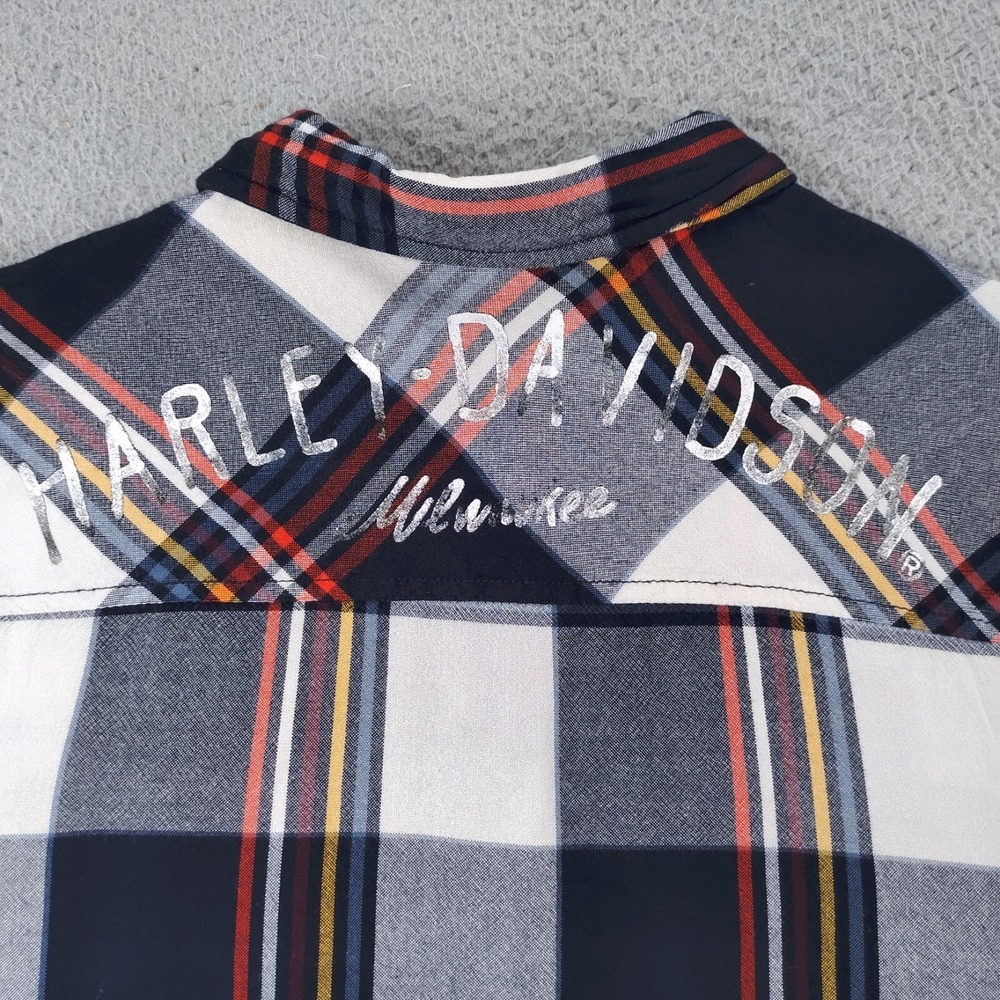 Harley Davidson Flannel Shirt Women Large Button Blue Colorful Front Back Logos - Picture 6 of 16